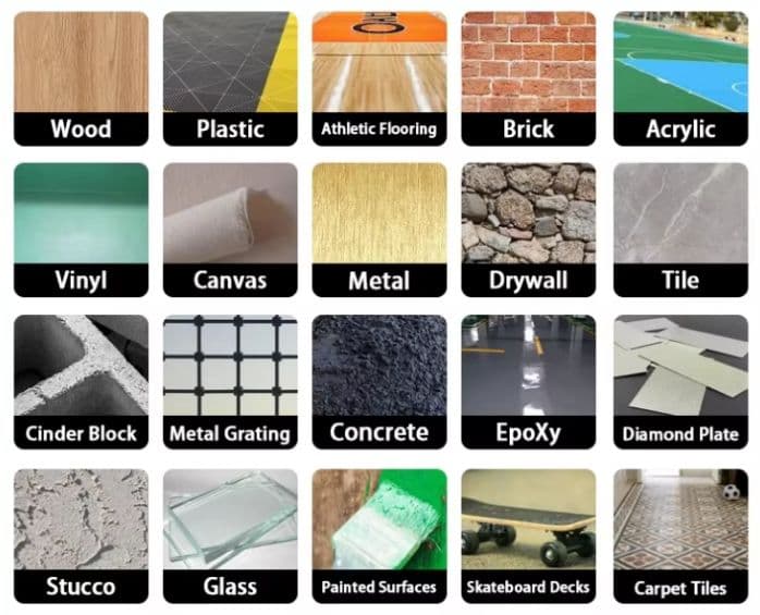 Collage of printable surfaces including wood, brick, drywall, concrete, metal, glass, tile, and other labeled materials.